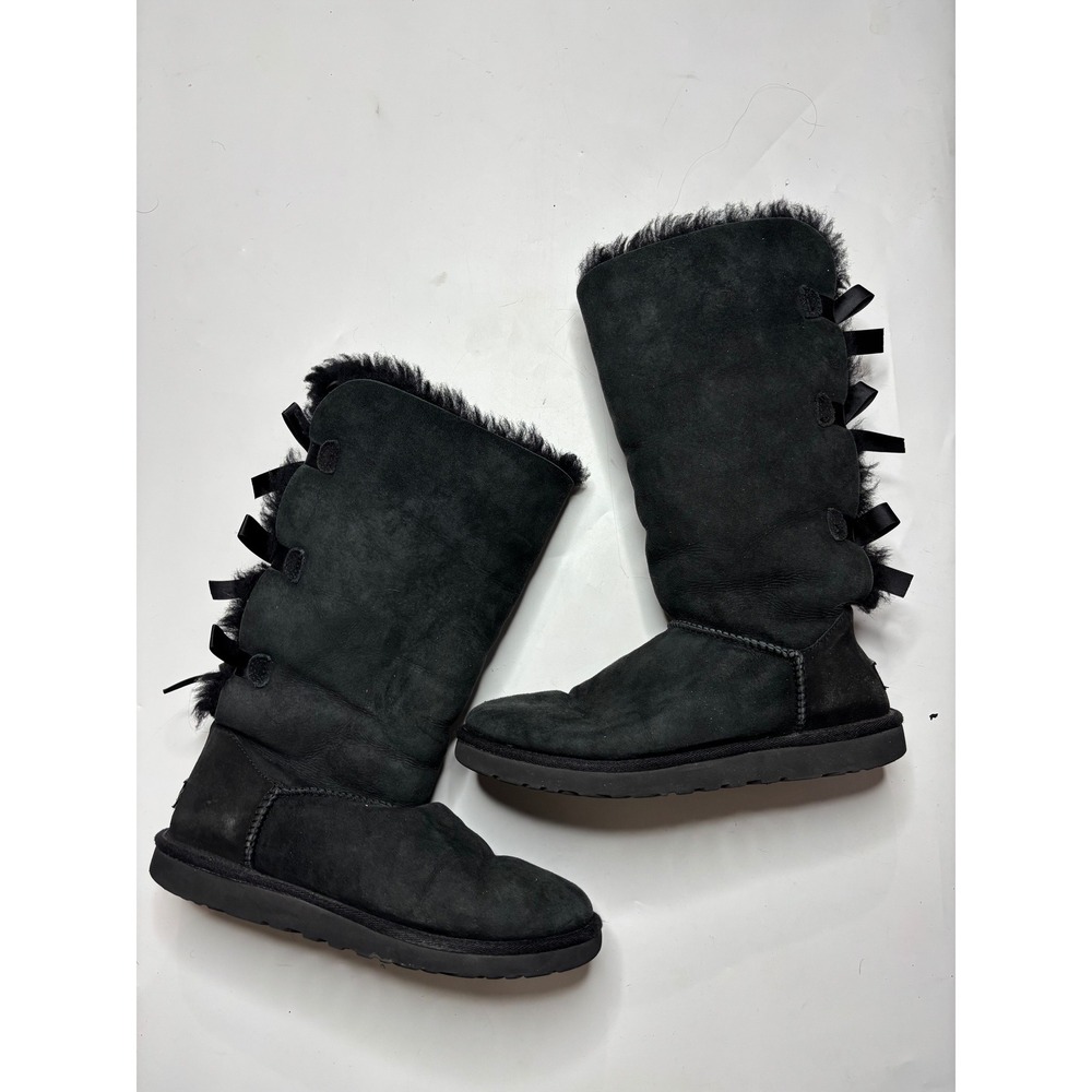 UGG Australia Bailey Bow Tall II Black Suede Sheepskin Boots 1007308 Womens 8